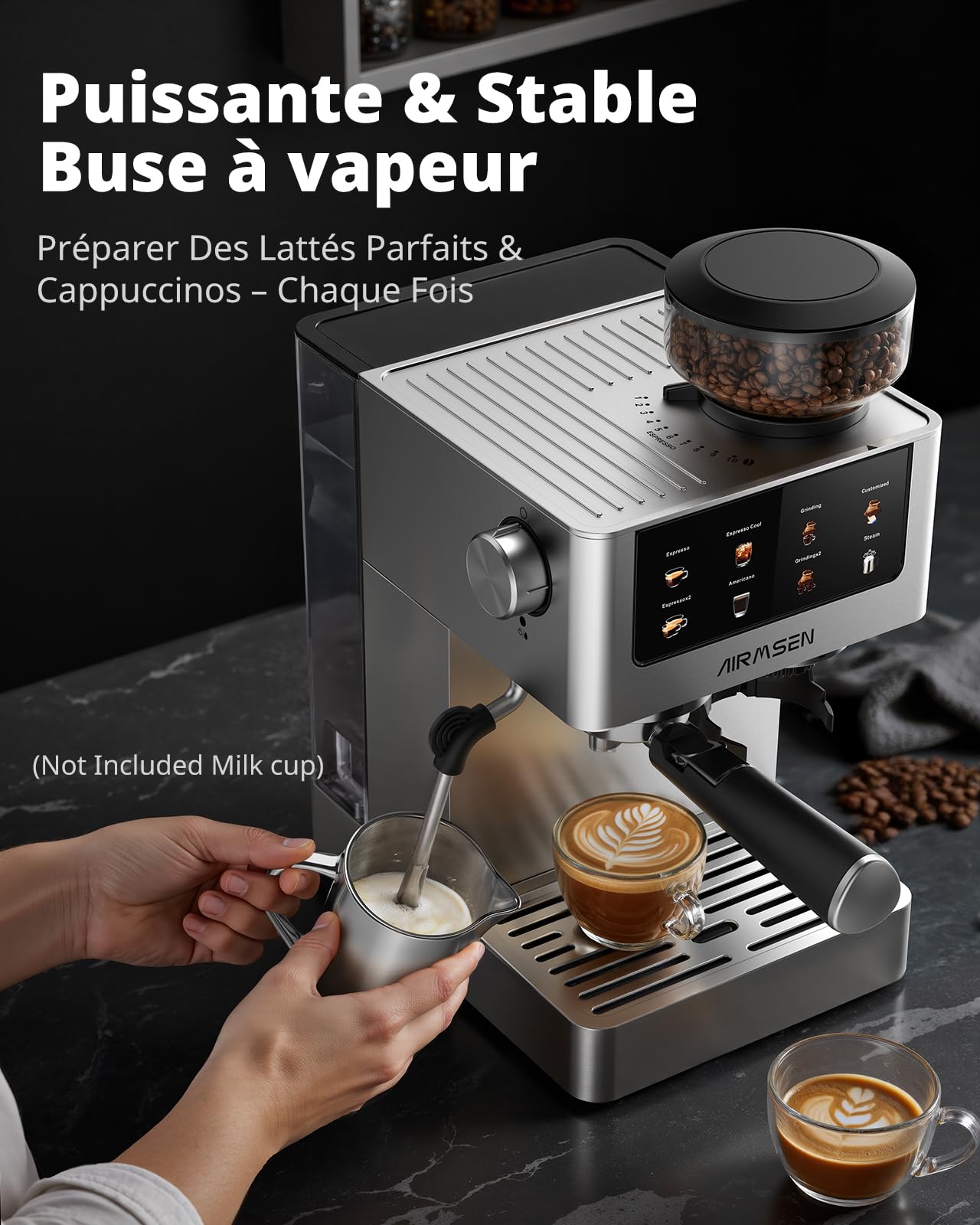 AIRMSEN Espresso Machine à Café Grain à Tasse avec Mousseur à Lait - Programmable, Écran Tactile Couleur, Compatible Café Froid (Cold Brew) et Americano, En Acier Inoxydable, Réservoir 1.8L