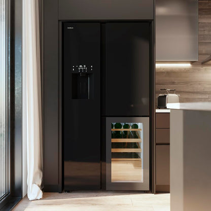 Cecotec Réfrigérateur avec 3 portes Bolero CoolMarket TDW 529 WID Black Glass E. Réfrigérateur 3 portes noir, cave à vin, 529L, Inverter Plus, Total No Frost, E, MultiAirFlow, Fast Cooling.