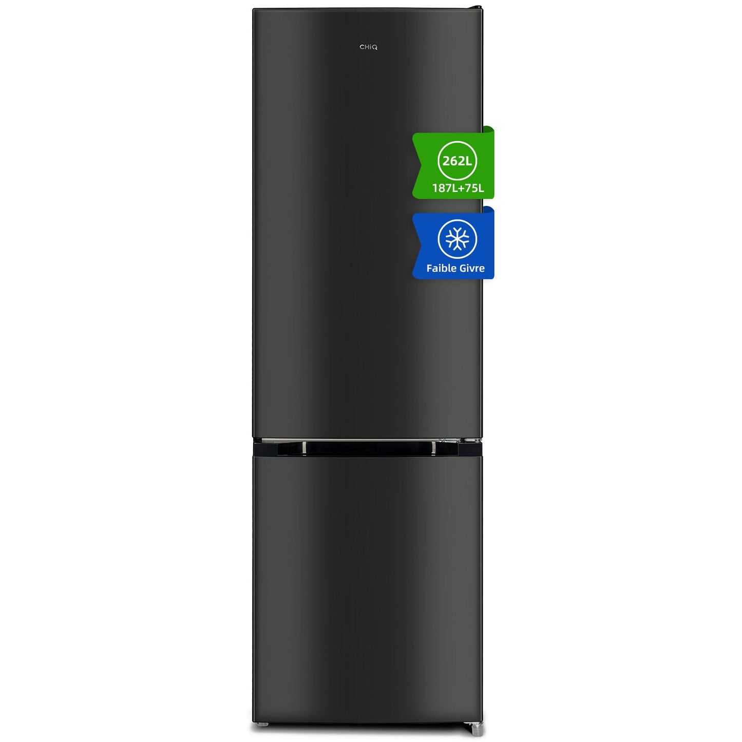 CHIQ Réfrigérateur congélateur bas FBM260L 262L (187+75), Low frost, Acier inoxydable, Portes réversibles, 39 db, 12 ans de garantie sur le compresseu