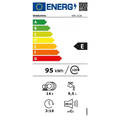 Lave vaisselle encastrable 60 cm Whirlpool WBC3C26B - Lave vaisselle integrable Bandeau noir - Classe énergétique A++ / Affichage temps restant - Dépa