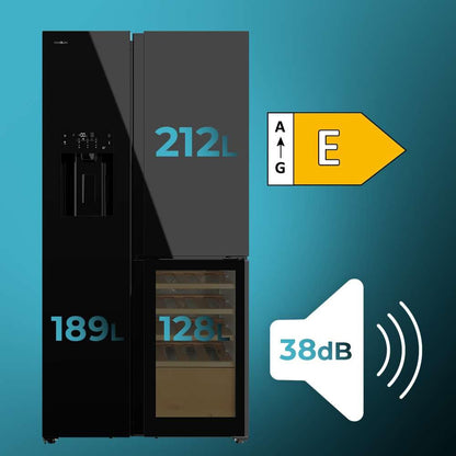 Cecotec Réfrigérateur avec 3 portes Bolero CoolMarket TDW 529 WID Black Glass E. Réfrigérateur 3 portes noir, cave à vin, 529L, Inverter Plus, Total No Frost, E, MultiAirFlow, Fast Cooling.