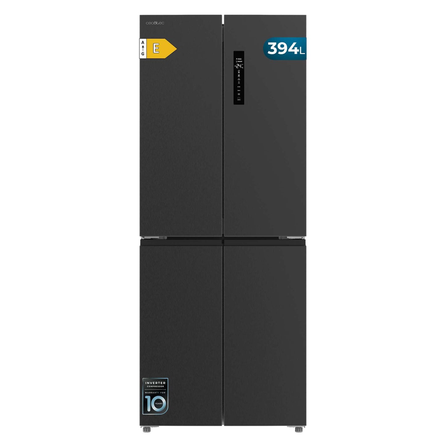 Cecotec Réfrigérateur 4 Portes Total No Frost Bolero CoolMarket 4D 394 Dark E, 394 Litres, Hauteur 170 cm et 70 cm Largeur, Tiroir Température Variable, Compresseur Inverter, ATT Antibactérien