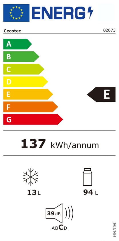 Cecotec Mini Réfrigérateur 107 L Bolero CoolMarket TT 107 White, Classe Énergétique E, Économie d'Énergie, Porte Réversible, Tiroir Congélateur, Faible Niveau Sonore, Design Compact.