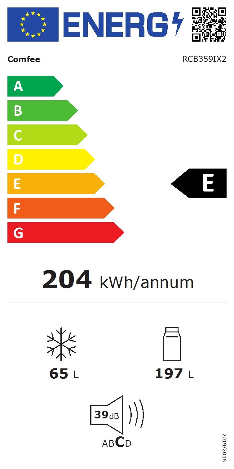 Comfee' RCB359IX2 Réfrigérateur Combiné, 262L(197+65), Grande Capacité, Low Frost, Hauteur 177,3 cm, Faible Bruit 39 dB, Éclairage LED, Température Réglable, Acier Inoxydable
