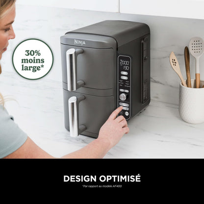 NINJA Double Stack XL Friteuse sans huile, friteuse verticale à 2 tiroirs, 4 niveaux cuisson, 2 tiroirs et 2 grilles, design compact, capacité de 9,5L, 6 fonctions de cuisson, 8 portions, gris SL400EU