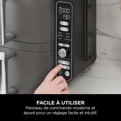 NINJA Double Stack XL Friteuse sans huile, friteuse verticale à 2 tiroirs, 4 niveaux cuisson, 2 tiroirs et 2 grilles, design compact, capacité de 9,5L, 6 fonctions de cuisson, 8 portions, gris SL400EU