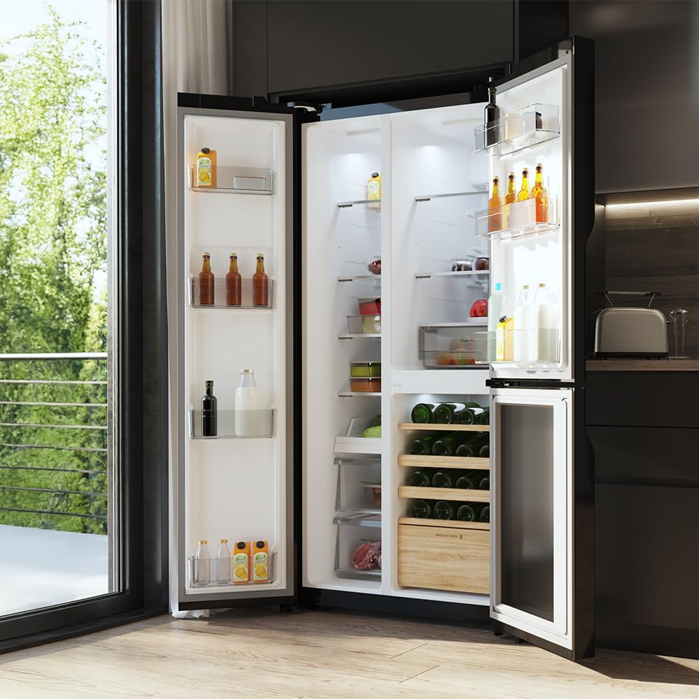 Cecotec Réfrigérateur 3 Portes Bolero CoolMarket TDW 548 Black Glass E, Classe E, 548L, Design T Door, Compresseur Inverter Plus, Total No Frost, Metal Cooling, Multi AirFlow, Fast Cooling et Freezing
