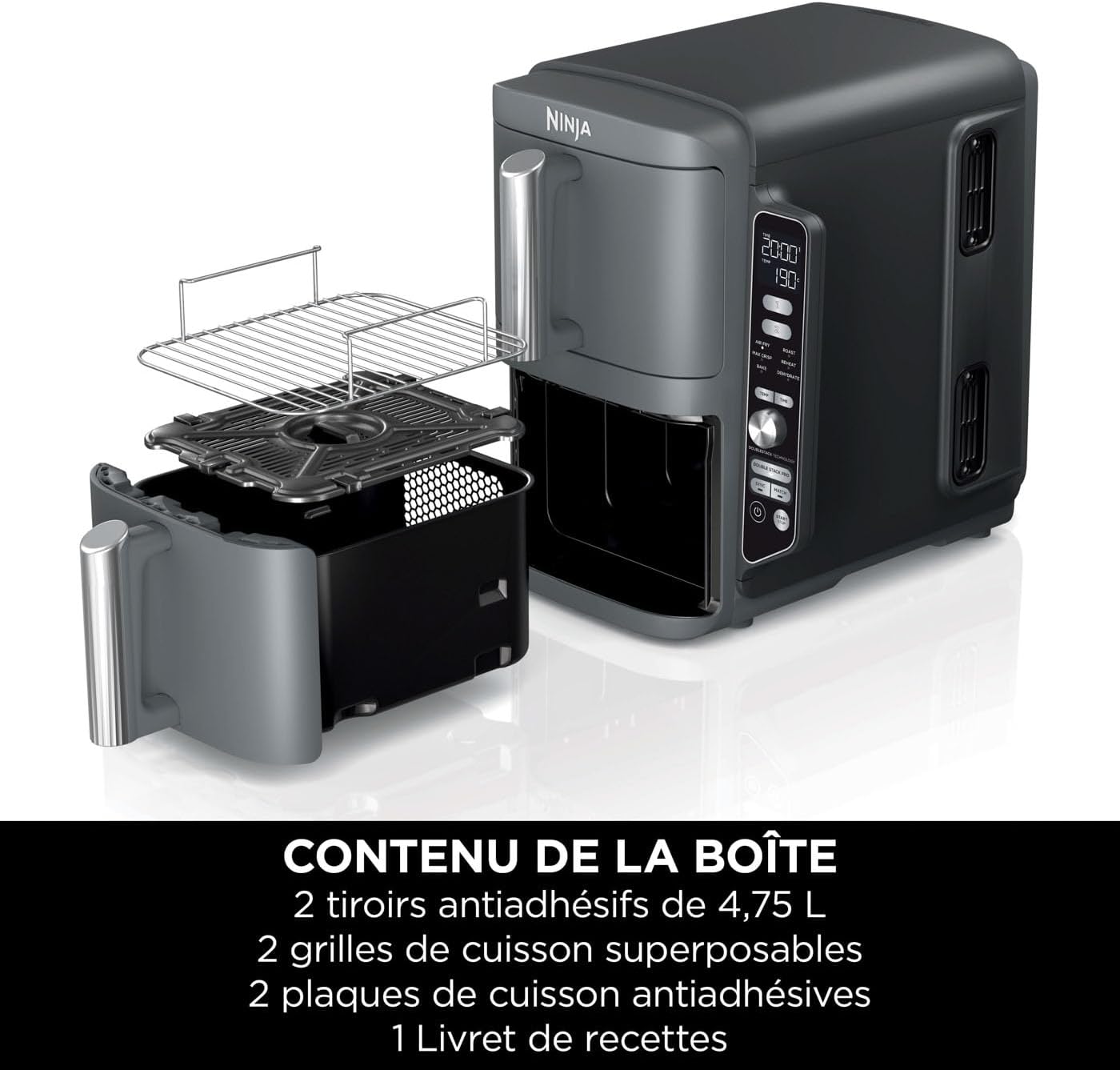 NINJA Double Stack XL Friteuse sans huile, friteuse verticale à 2 tiroirs, 4 niveaux cuisson, 2 tiroirs et 2 grilles, design compact, capacité de 9,5L, 6 fonctions de cuisson, 8 portions, gris SL400EU
