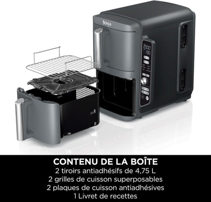 NINJA Double Stack XL Friteuse sans huile, friteuse verticale à 2 tiroirs, 4 niveaux cuisson, 2 tiroirs et 2 grilles, design compact, capacité de 9,5L, 6 fonctions de cuisson, 8 portions, gris SL400EU
