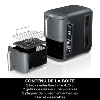 NINJA Double Stack XL Friteuse sans huile, friteuse verticale à 2 tiroirs, 4 niveaux cuisson, 2 tiroirs et 2 grilles, design compact, capacité de 9,5L, 6 fonctions de cuisson, 8 portions, gris SL400EU