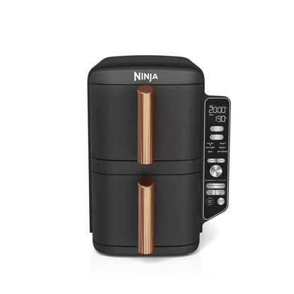 NINJA Double Stack XL Air Fryer 2 Compartiments Verticale, Compact, 4 Niveaux de Cuisson, Capacité de 9,5L, Air Fryer 6-en 1, Pièces Antiadhésives Amovibles Lavables Au Lave-Vaisselle, Noir/Cuivre