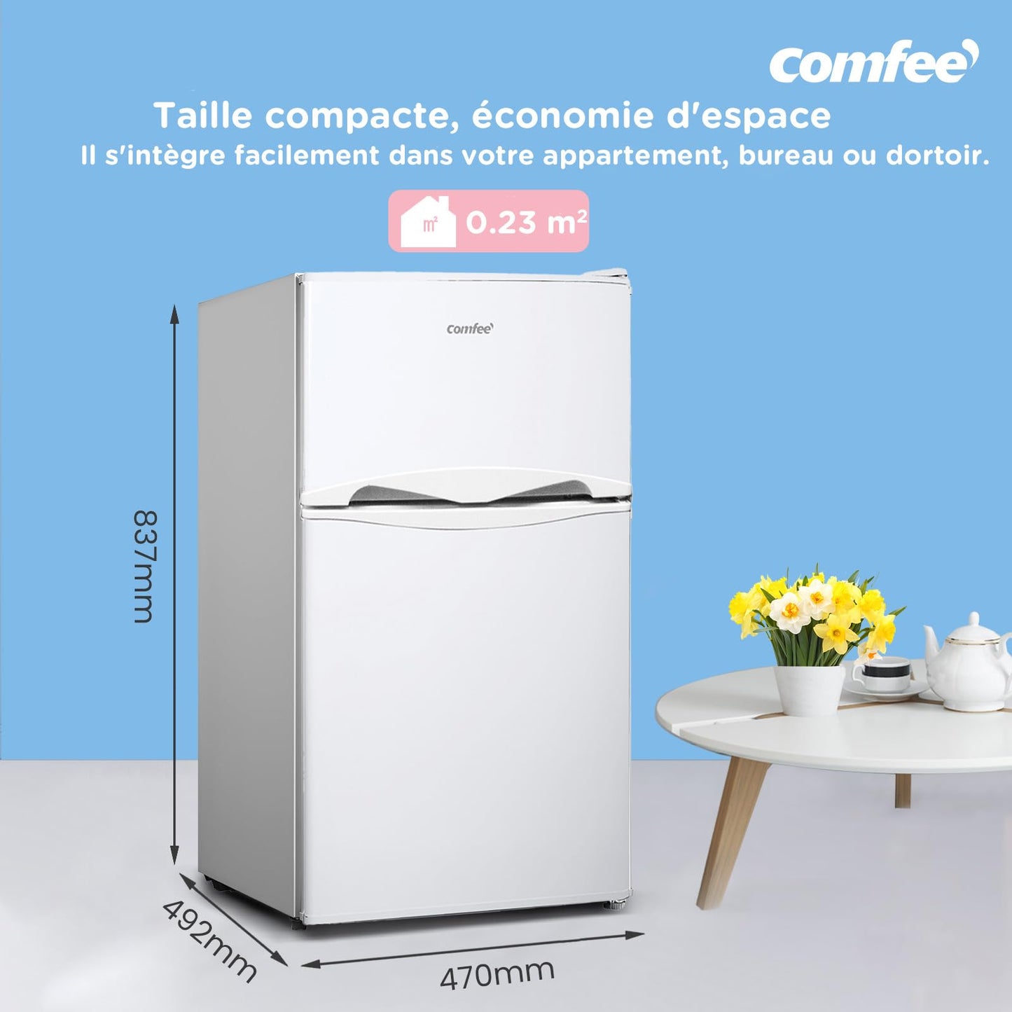 COMFEE' RCT87WH2(E) Réfrigérateur Congélateur Sous Plan, Petit Réfrigérateur Congélateur 87L avec Éclairage, Étagères Amovibles, Thermostats Réglables, Portes Réversibles, Blanc [Classe Énergétique E]