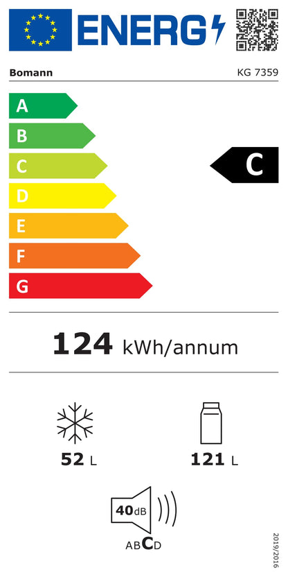 Bomann, KG7359 Réfrigérateur et Congélateur 173L Blanc - 121L Réfrigérateur, 52L Congélateur 4 Étoiles, Éclairage LED, Alarme d'Ouverture, Bac à Légumes, 3 Étagères en Verre, Économie d'Énergie