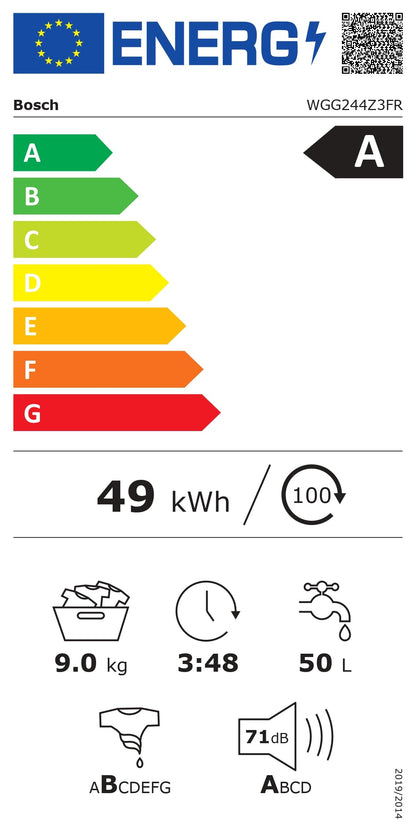 Bosch WGG244Z3FR, Série 6, Lave-linge Pose-libre, 9 kg, 1400 trs/min, Blanc