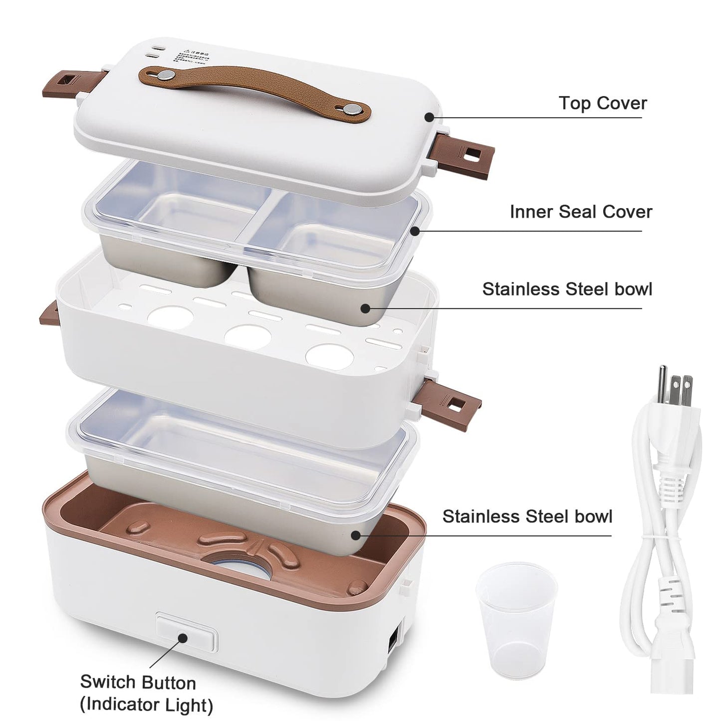 Self Cooking Electric Lunch Box, Toursion Mini Rice Cooker, 2 couches Steamer Lunch Box for Home Office School Travel Cook Raw Food, 800 ML/110 V (Only the Wall PLUG)