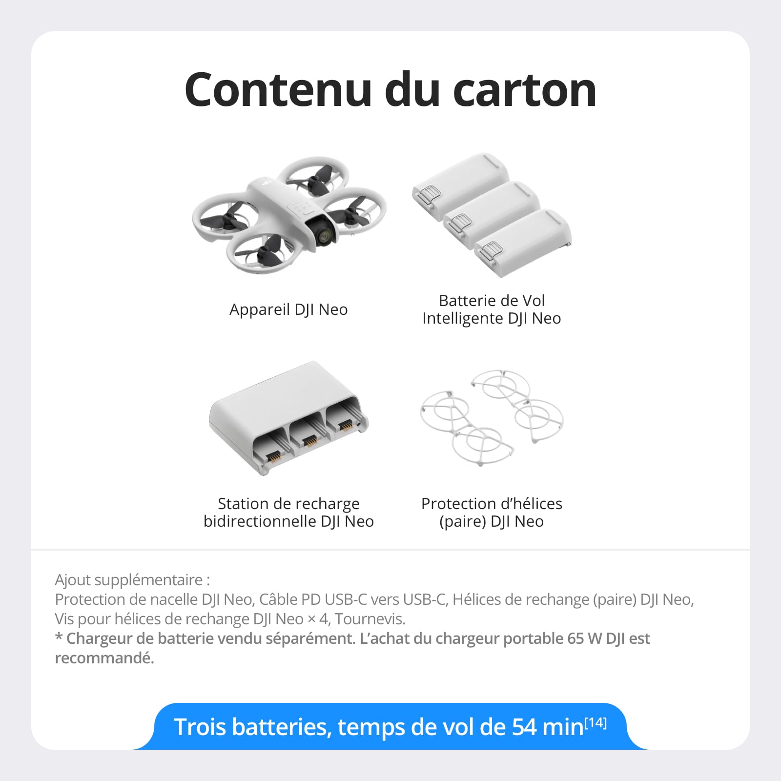 Bundle Trois Batteries DJI Neo, Mini Drone avec Caméra 4K UHD pour Adultes, Drone Suiveur qui Vole Seul de 135 g, Décollage du Creux de la Main, Suivi de Sujet, QuickShots, (sans Contrôleur)