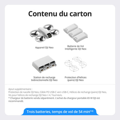 Bundle Trois Batteries DJI Neo, Mini Drone avec Caméra 4K UHD pour Adultes, Drone Suiveur qui Vole Seul de 135 g, Décollage du Creux de la Main, Suivi de Sujet, QuickShots, (sans Contrôleur)