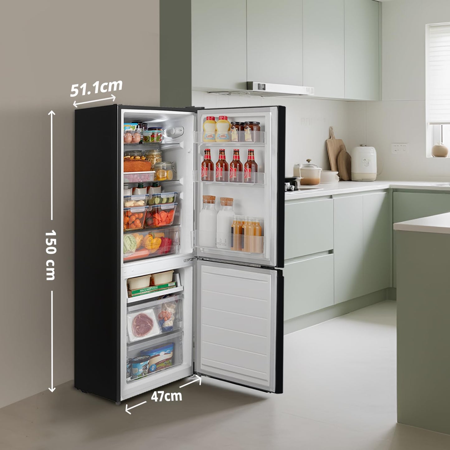 Comfee' RCB169DK2(E) 174L Réfrigérateur avec Congélateur/Hauteur 150 cm/Low Frost/Température Réglable du Réfrigérateur/Lumière LED/195 kWh/an/115L Réfrigérateur/59L Congélateur/Noir