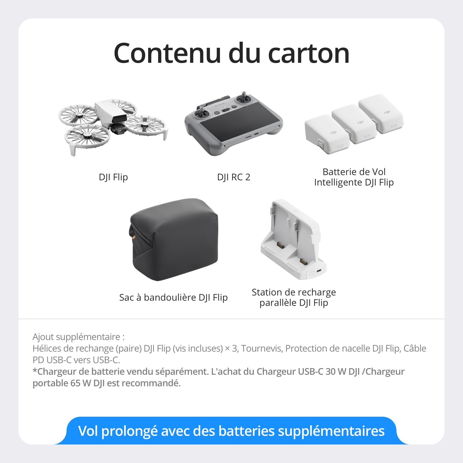 Bundle Fly More DJI Flip (radiocommande RC 2 avec écran), Drone Caméra 4K UHD pour adultes, Décollage palmaire, Retour automatique, Vol intelligent, Trois batteries pour un temps de vol de 93 min