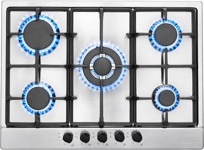 SNDOAS Plaque de Cuisson Gaz 5 Feux, Plaque Gaz avec Panneau en Acier Inoxydable, Sécurité Thermocouple, Convient pour le Gaz Naturel/Propane, 68cm, 10480 W, 220-240 V
