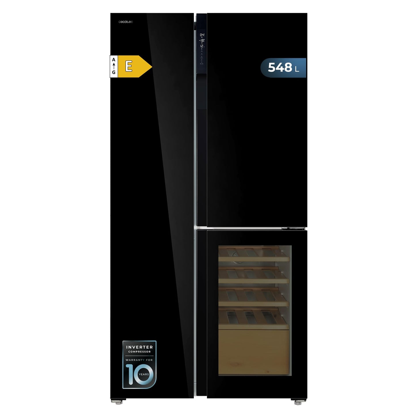 Cecotec Réfrigérateur 3 Portes Bolero CoolMarket TDW 548 Black Glass E, Classe E, 548L, Design T Door, Compresseur Inverter Plus, Total No Frost, Metal Cooling, Multi AirFlow, Fast Cooling et Freezing
