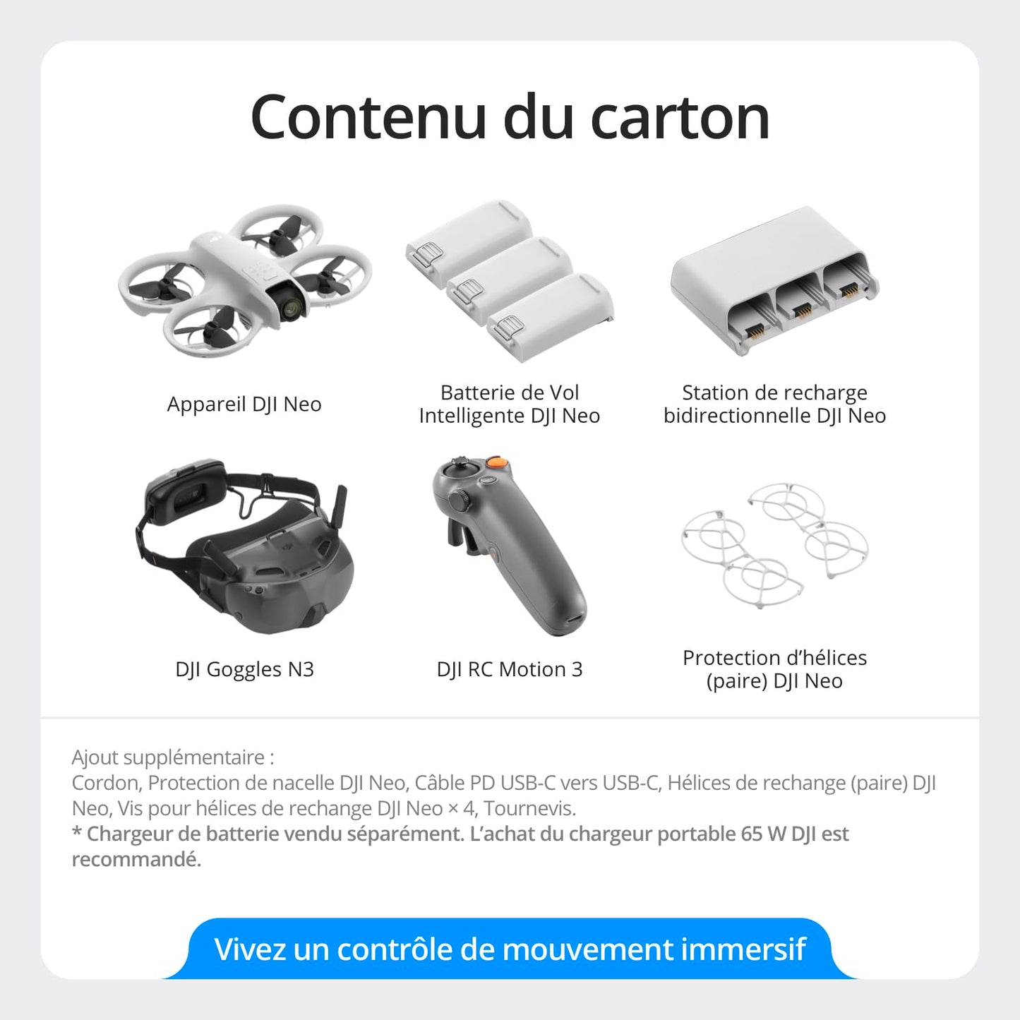 Bundle Motion Fly More DJI Neo, Mini Drone avec Caméra 4K UHD pour Adultes, Drone Suiveur qui Vole Seul de 135 g, Décollage du Creux de la Main, Suivi de Sujet, avec RC Motion 3 et 3 Batteries