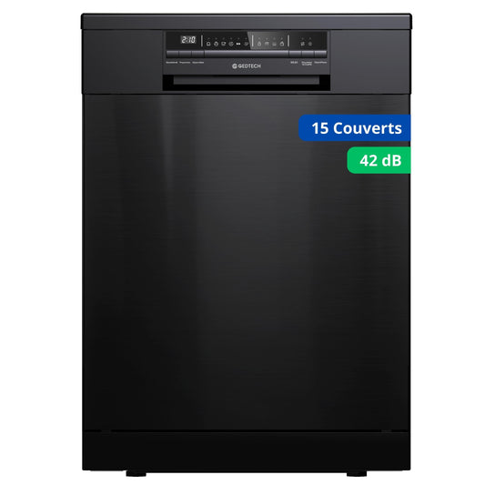 GEDTECH Lave-vaisselle GLV1542DX 15cv - Tiroir à couverts - 42 dB - Ultra silencieux - Départ Différé - Eco - Intensif - Rapide – Faible conso - Classe C - Dark Inox - Protection enfant