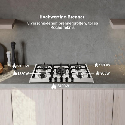 SNDOAS Plaque de Cuisson Gaz 5 Feux, Plaque Gaz avec Panneau en Acier Inoxydable, Sécurité Thermocouple, Convient pour le Gaz Naturel/Propane, 68cm, 10480 W, 220-240 V