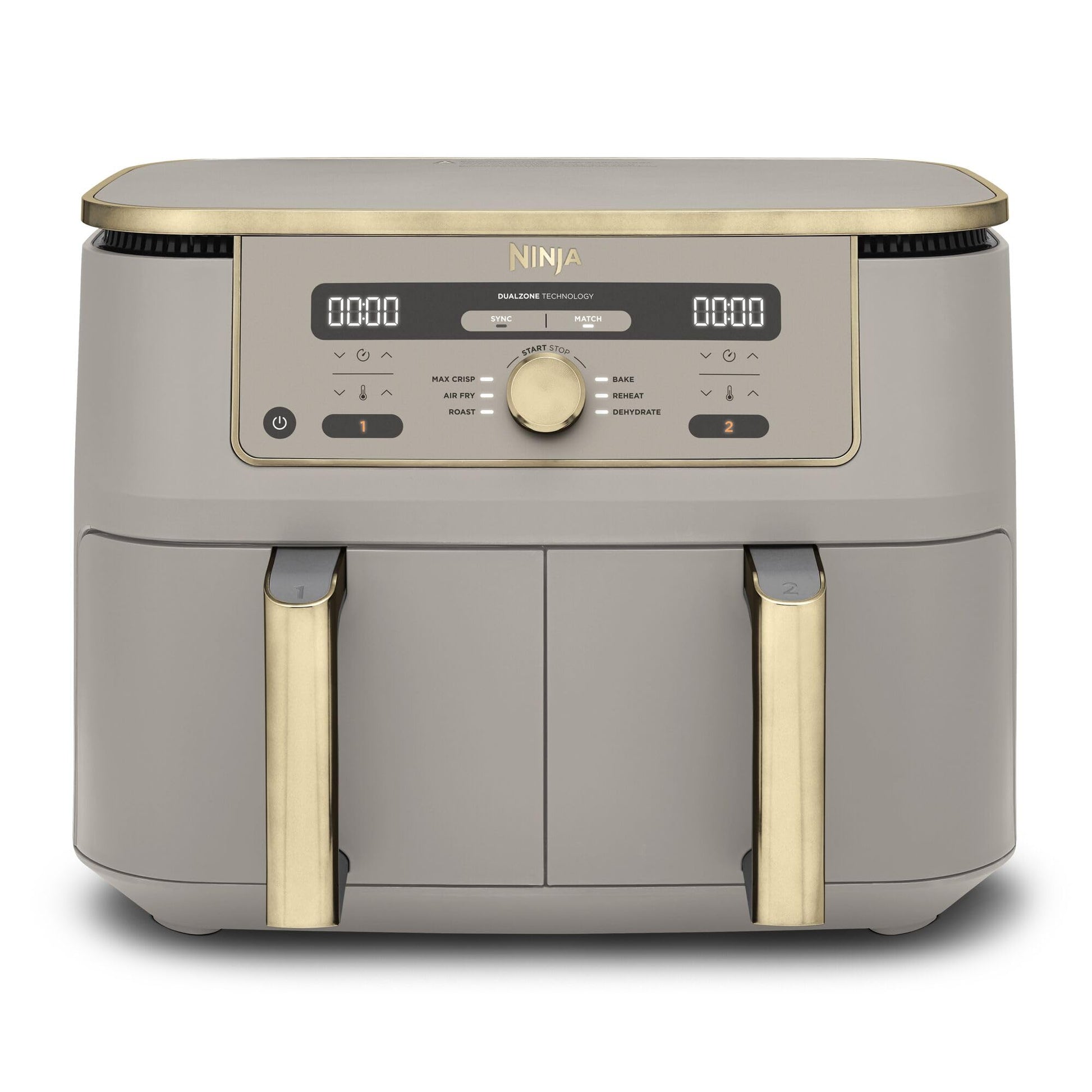 NINJA Dual Zone Max Air Fryer 2 Compartiments, Capacité Familiale de 9,5L, Max 240°C, Air Fryer 6-en1, Pièces Antiadésives Amovibles Lavables Au Lave-Vaisselle, Stone/Or DZ400EUSTGD