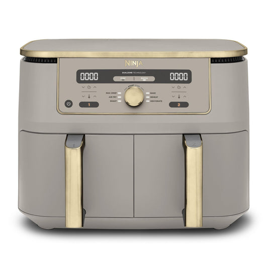 NINJA Dual Zone Max Air Fryer 2 Compartiments, Capacité Familiale de 9,5L, Max 240°C, Air Fryer 6-en1, Pièces Antiadésives Amovibles Lavables Au Lave-Vaisselle, Stone/Or DZ400EUSTGD