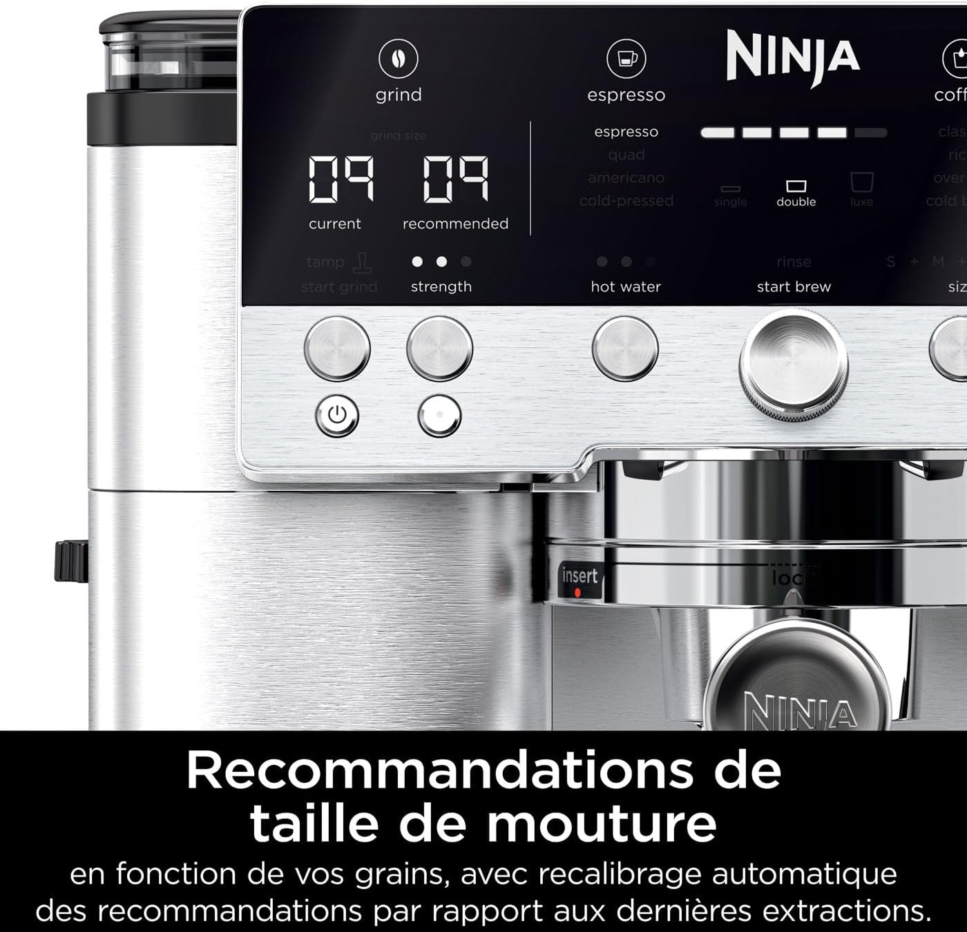 NINJA Machine à café Luxe Premier 3-en-1, Latte, Cappuccino, Infusion à froid et Espresso avec broyeur à grains et mousseur à lait intégrés, facile à utiliser, 4 préréglages mousse, argent, ES601EU