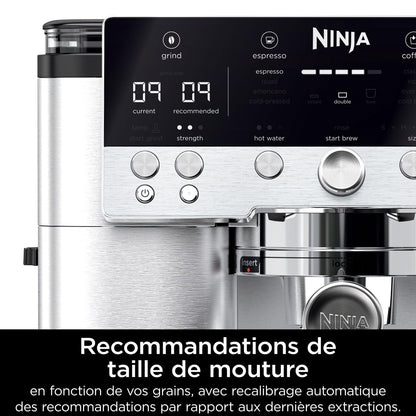 NINJA Machine à café Luxe Premier 3-en-1, Latte, Cappuccino, Infusion à froid et Espresso avec broyeur à grains et mousseur à lait intégrés, facile à utiliser, 4 préréglages mousse, argent, ES601EU