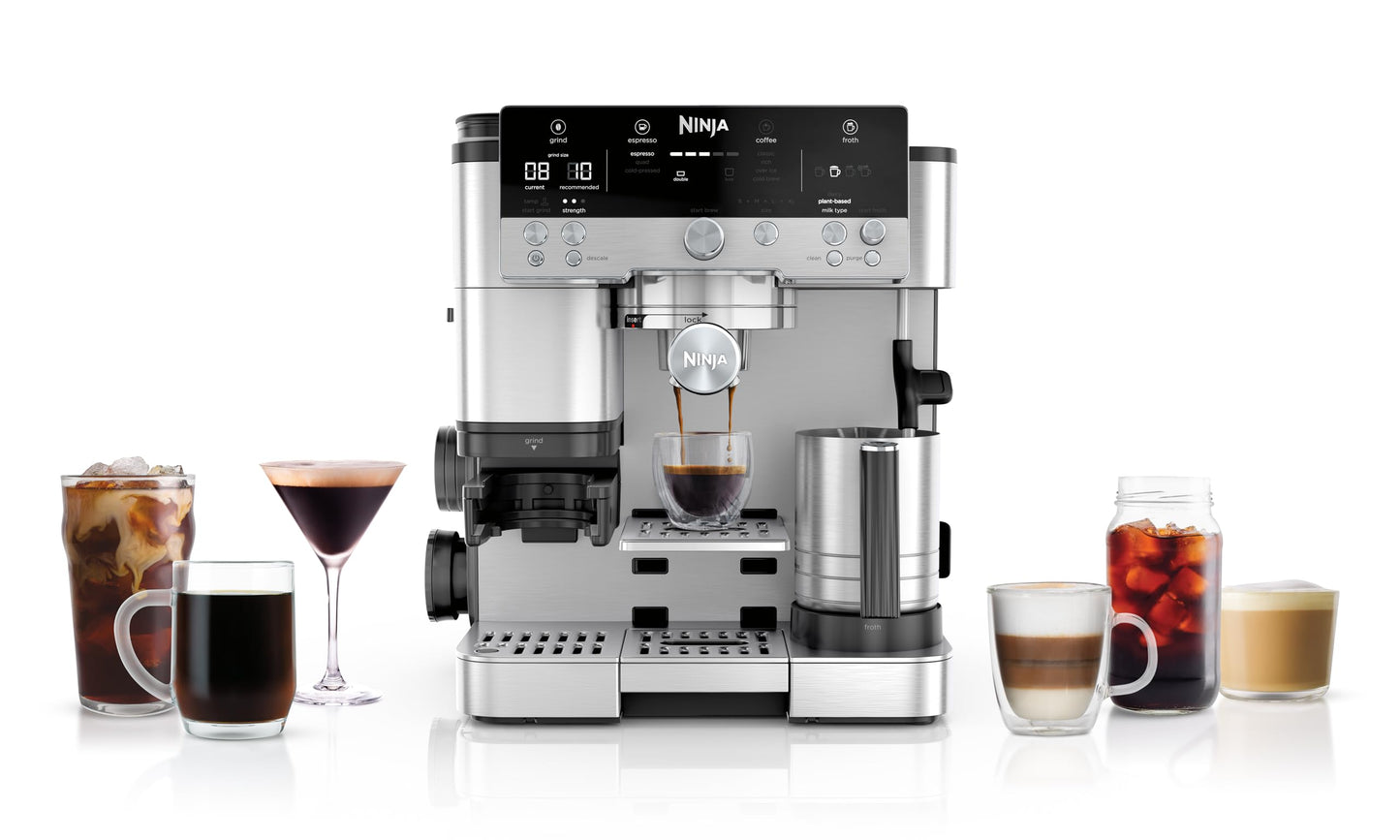 NINJA Machine à café Luxe Premier 3-en-1, Latte, Cappuccino, Infusion à froid et Espresso avec broyeur à grains et mousseur à lait intégrés, facile à utiliser, 4 préréglages mousse, argent, ES601EU
