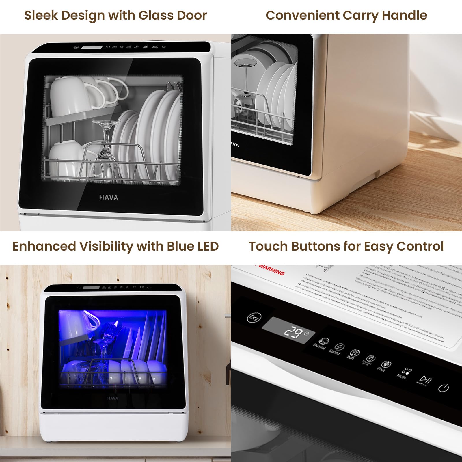 HAVA mini lave vaisselle, 6 programmes portables avec réservoir d'eau intégré de 5 L, aucun branchement nécessaire, fonction de soin de bébé et de séchage à l'air pour appartements et camping-cars