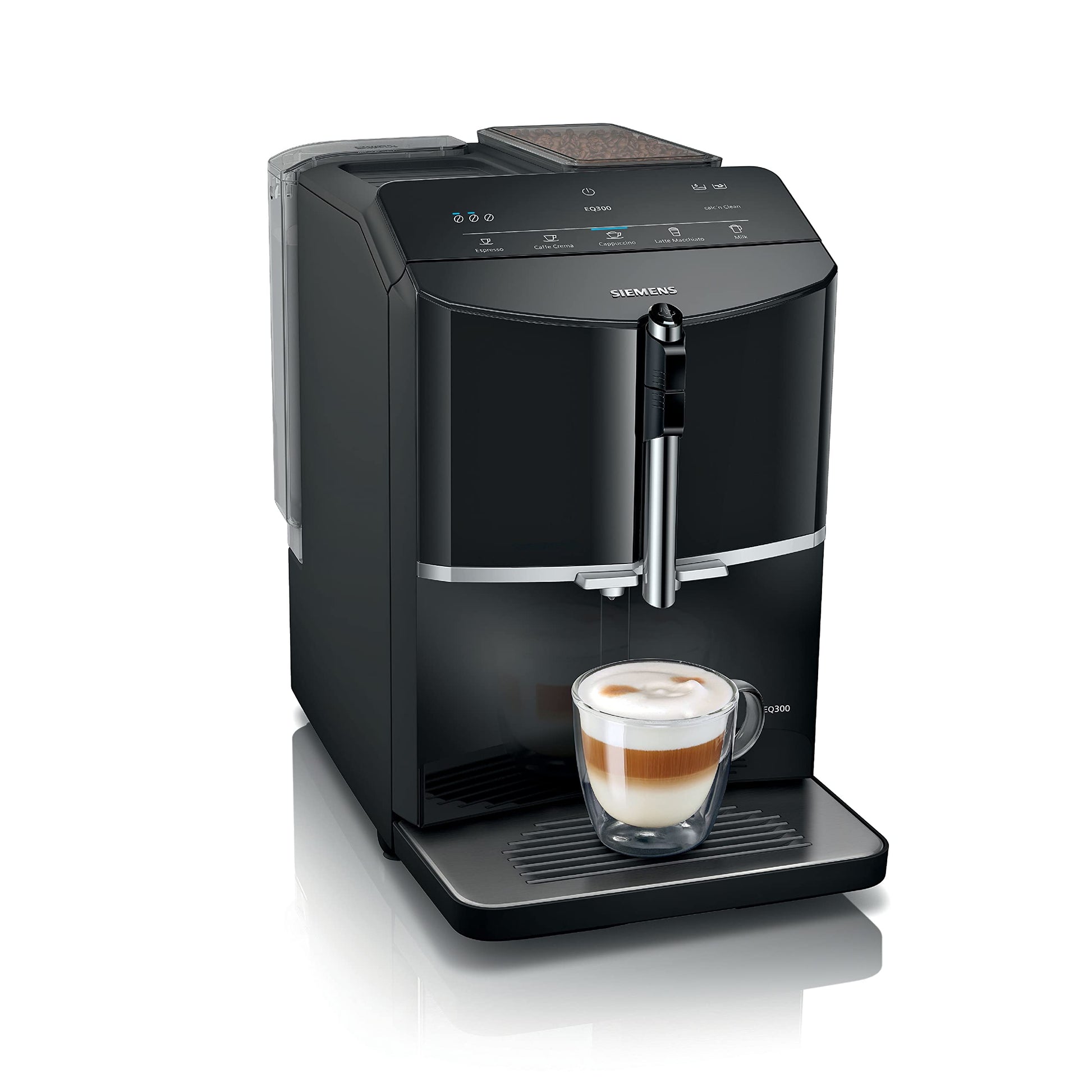SIEMENS, machine à café tout automatique, EQ300, ceramDrive, milkPerfect, fonction oneTouch, noir piano, TF301E19