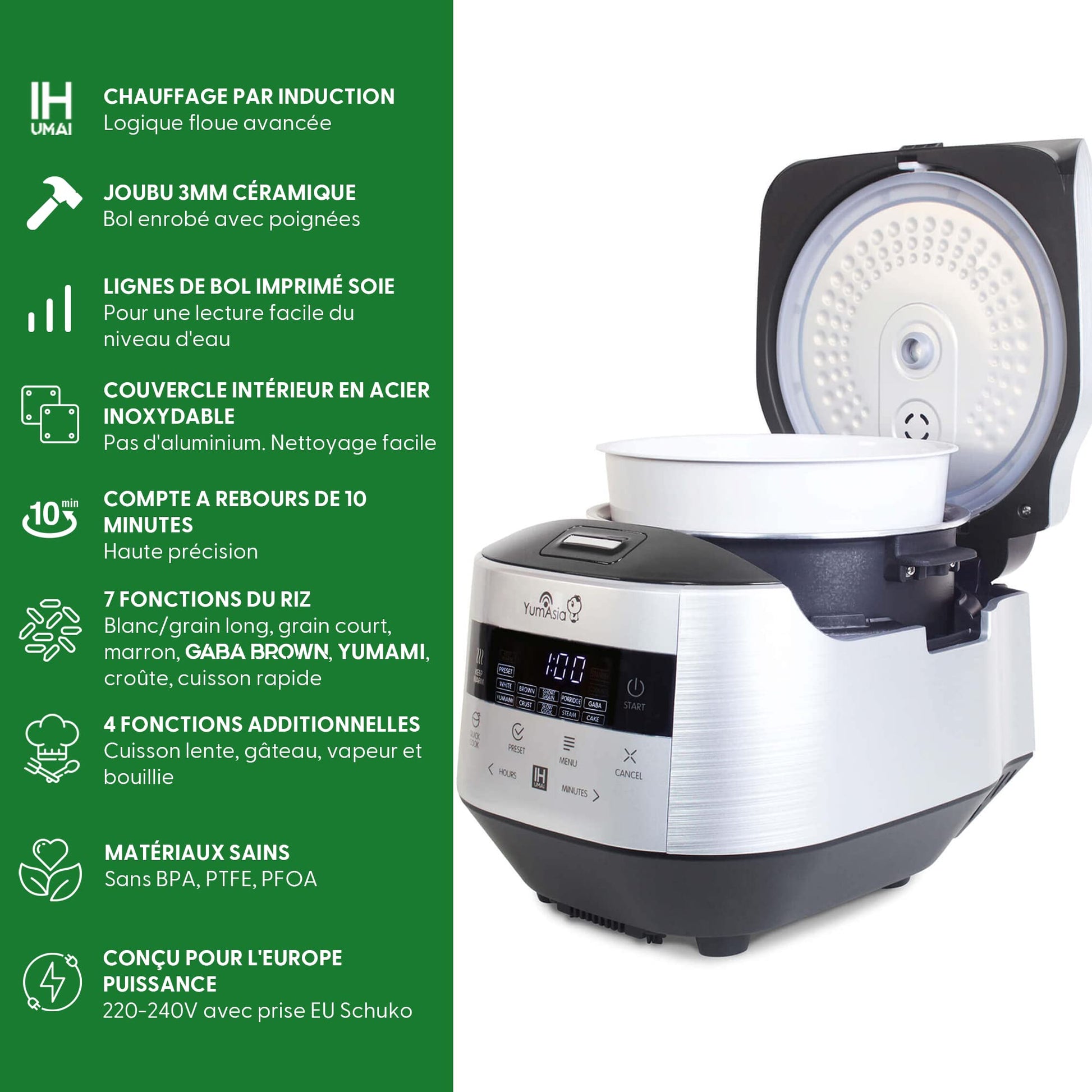 Yum Asia Bamboo Cuiseur à riz avec chauffage à induction (IH) et bol en céramique, 7 fonctions de cuisson au riz, 4 fonctions multicuiseurs, écran LED Motouch – 220-240V EU (Argent métallique)