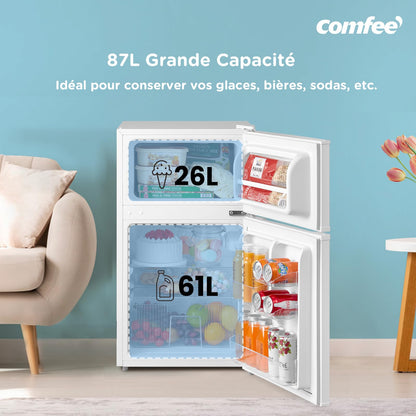 COMFEE' RCT87WH2(E) Réfrigérateur Congélateur Sous Plan, Petit Réfrigérateur Congélateur 87L avec Éclairage, Étagères Amovibles, Thermostats Réglables, Portes Réversibles, Blanc [Classe Énergétique E]