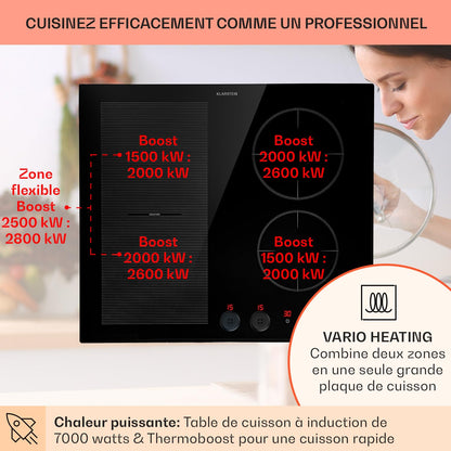 KLARSTEIN Plaque Induction en Céramique de 7000W, Plaque de Cuisson Electrique à Induction, Plaque Induction 4 Feux, Tables de Cuisson, Plaques chauffantes ThermoBoost, Rechaud Electrique Cuisine