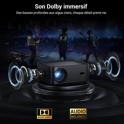 HAPPRUN H11 Projecteur Compatible avec Netflix, Vidéoprojecteur Portable avec Haut-Parleur Intégré, Mini Retroprojecteur Compatible Smartphone/WiFi 6/TV Stick/PS5 pour Maison, Chambre, Extérieur