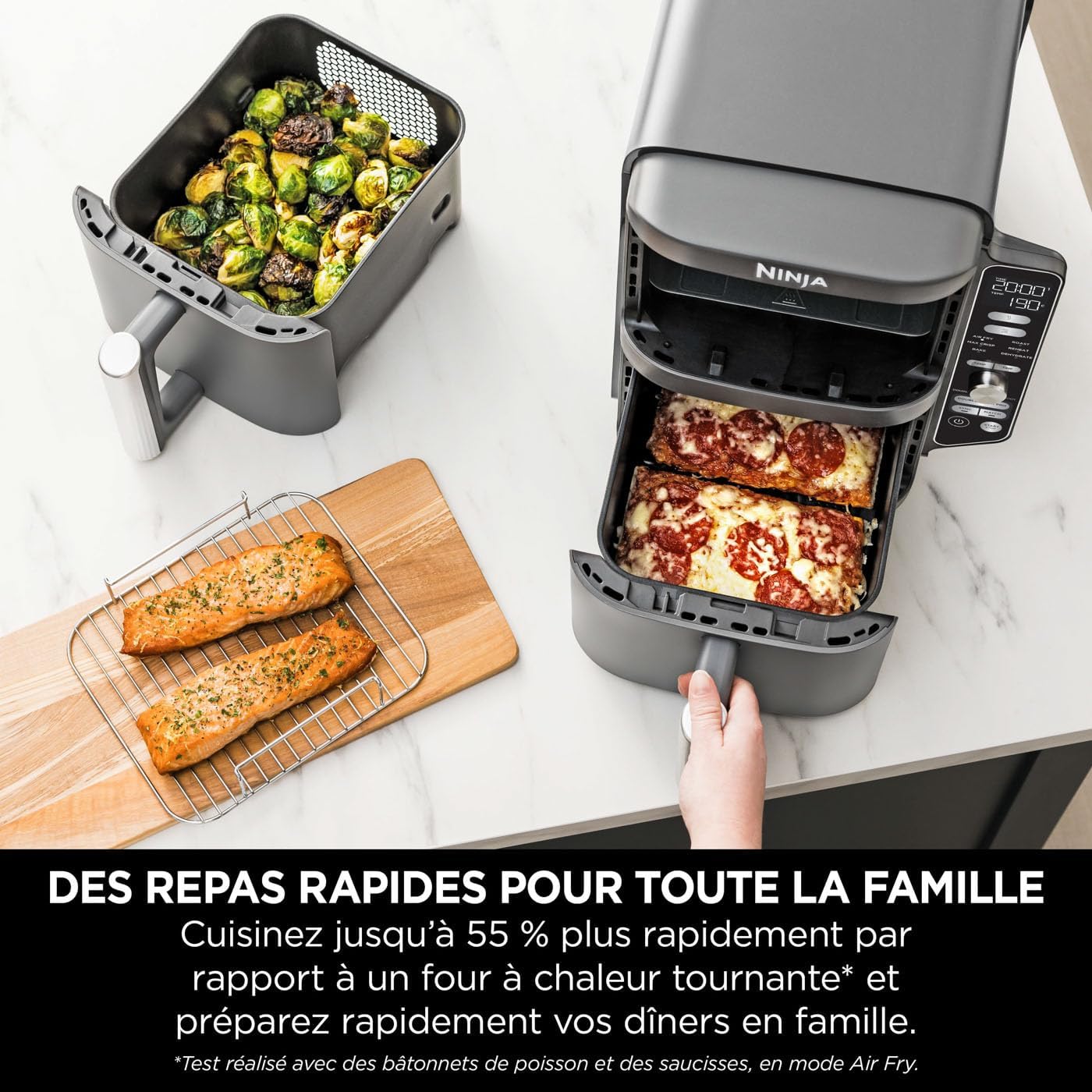 NINJA Double Stack XL Friteuse sans huile, friteuse verticale à 2 tiroirs, 4 niveaux cuisson, 2 tiroirs et 2 grilles, design compact, capacité de 9,5L, 6 fonctions de cuisson, 8 portions, gris SL400EU