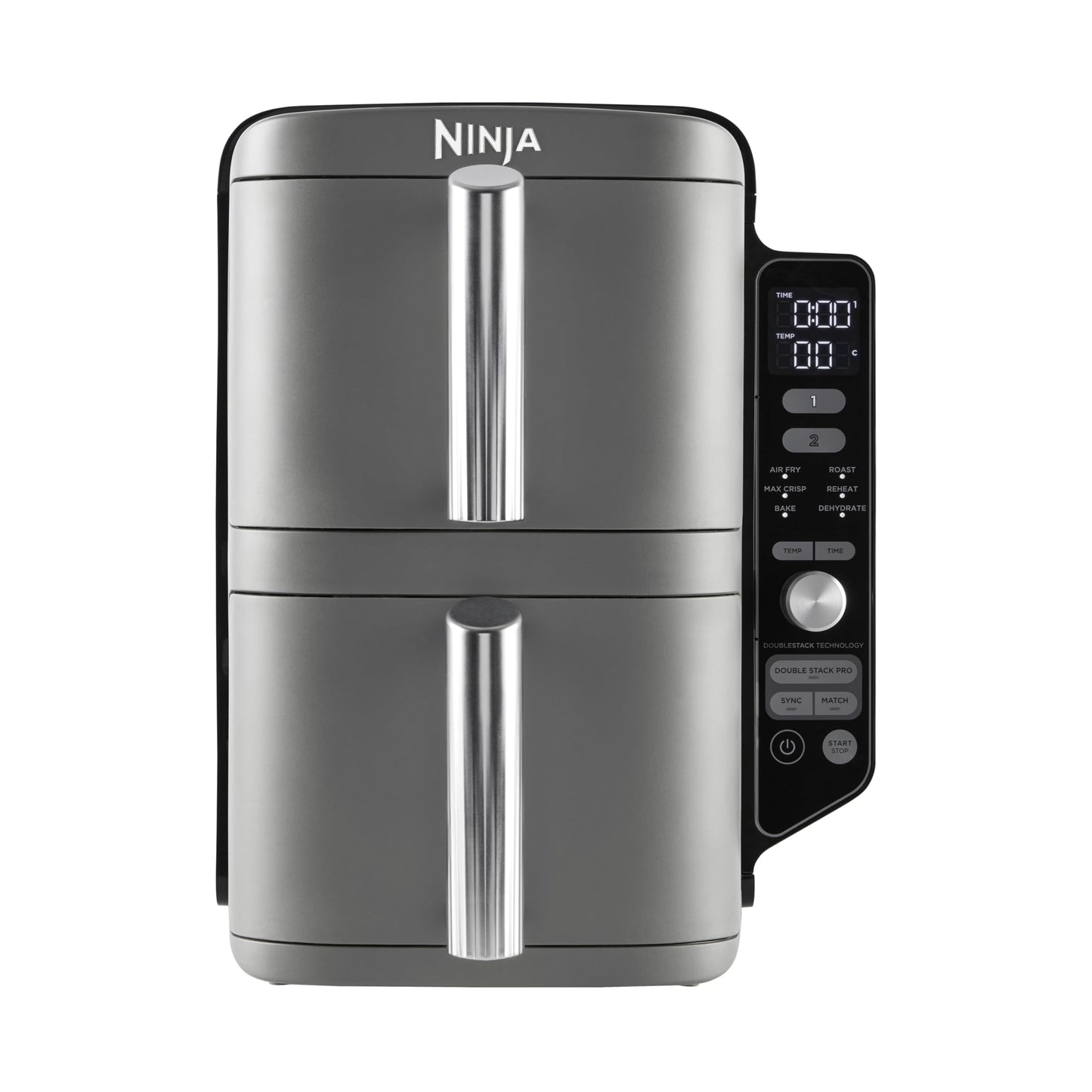 NINJA Double Stack XL Friteuse sans huile, friteuse verticale à 2 tiroirs, 4 niveaux cuisson, 2 tiroirs et 2 grilles, design compact, capacité de 9,5L, 6 fonctions de cuisson, 8 portions, gris SL400EU