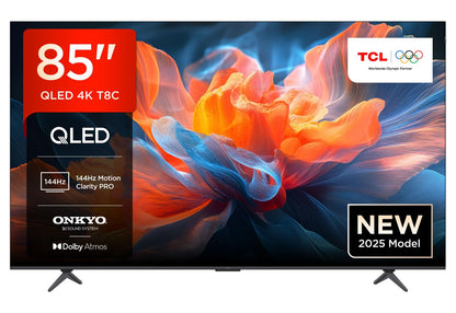 TCL 85T8C 85" QLED 4K HDR Ultra HD TV, Smart TV Powered by Google TV (Dolby Vision & Atmos, 144Hz Motion Clarity Pro, FreeSync, Onkyo 2.1 Sound, Voice Control)