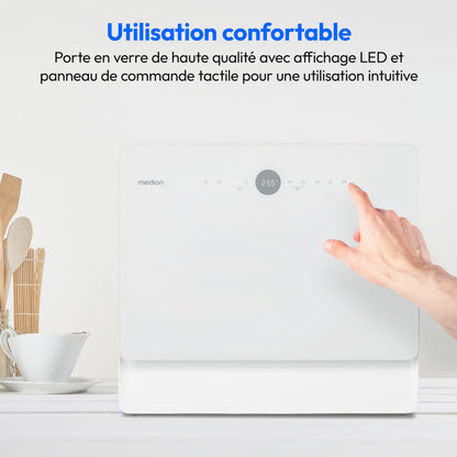 MEDION Mini lave-vaisselle DWT50 (lave-vaisselle de table, lave-vaisselle, 5 couverts, fonctionne avec/sans raccordement à l'eau, fonction seau, 35 cm