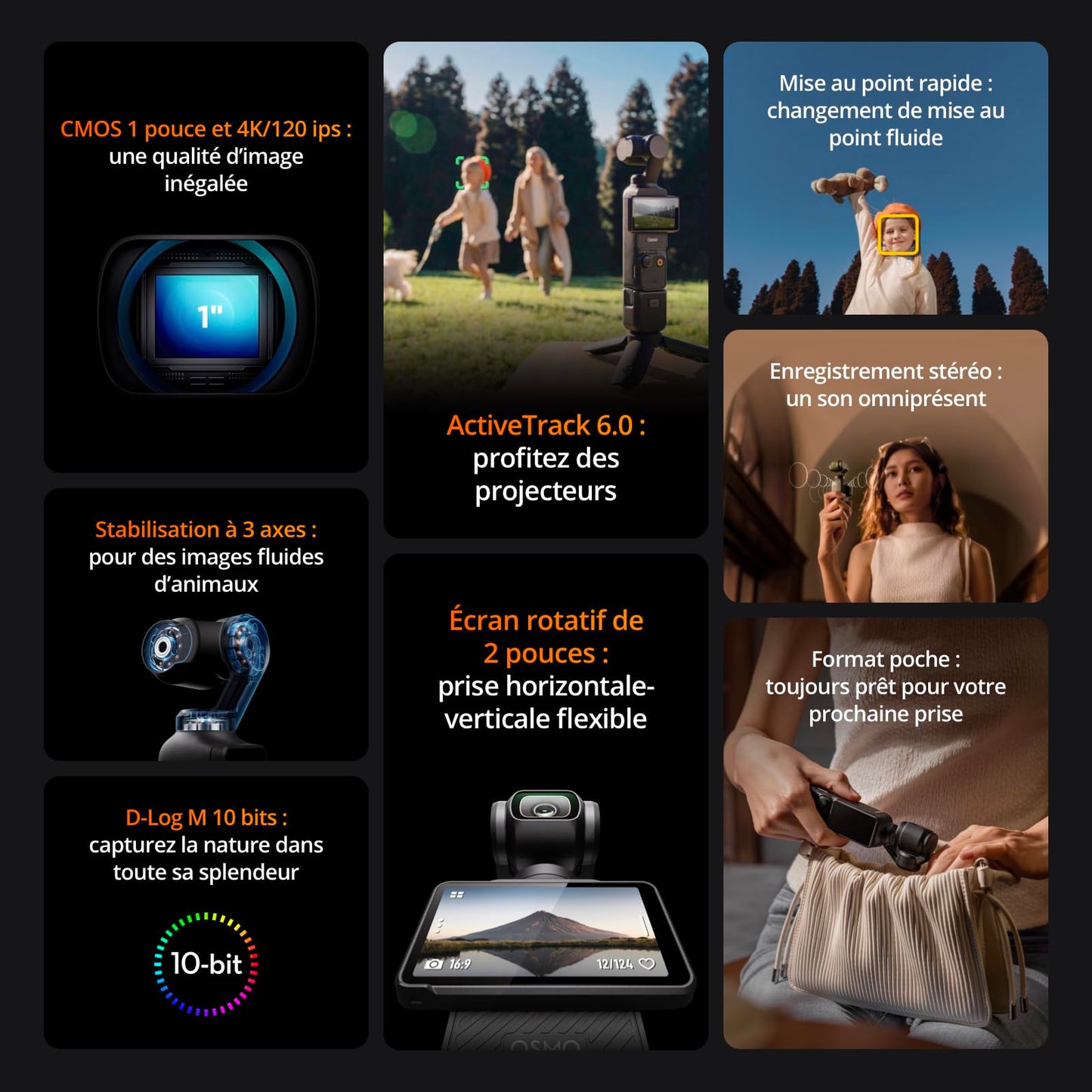 DJI Osmo Pocket 3, digital camera vlog CMOS 1'' et Vidéo 4K/120 ips, Stabilisation à 3 axes, MAP rapide,Suivi Facial/Objets,Écran tactile rotatif 2",p