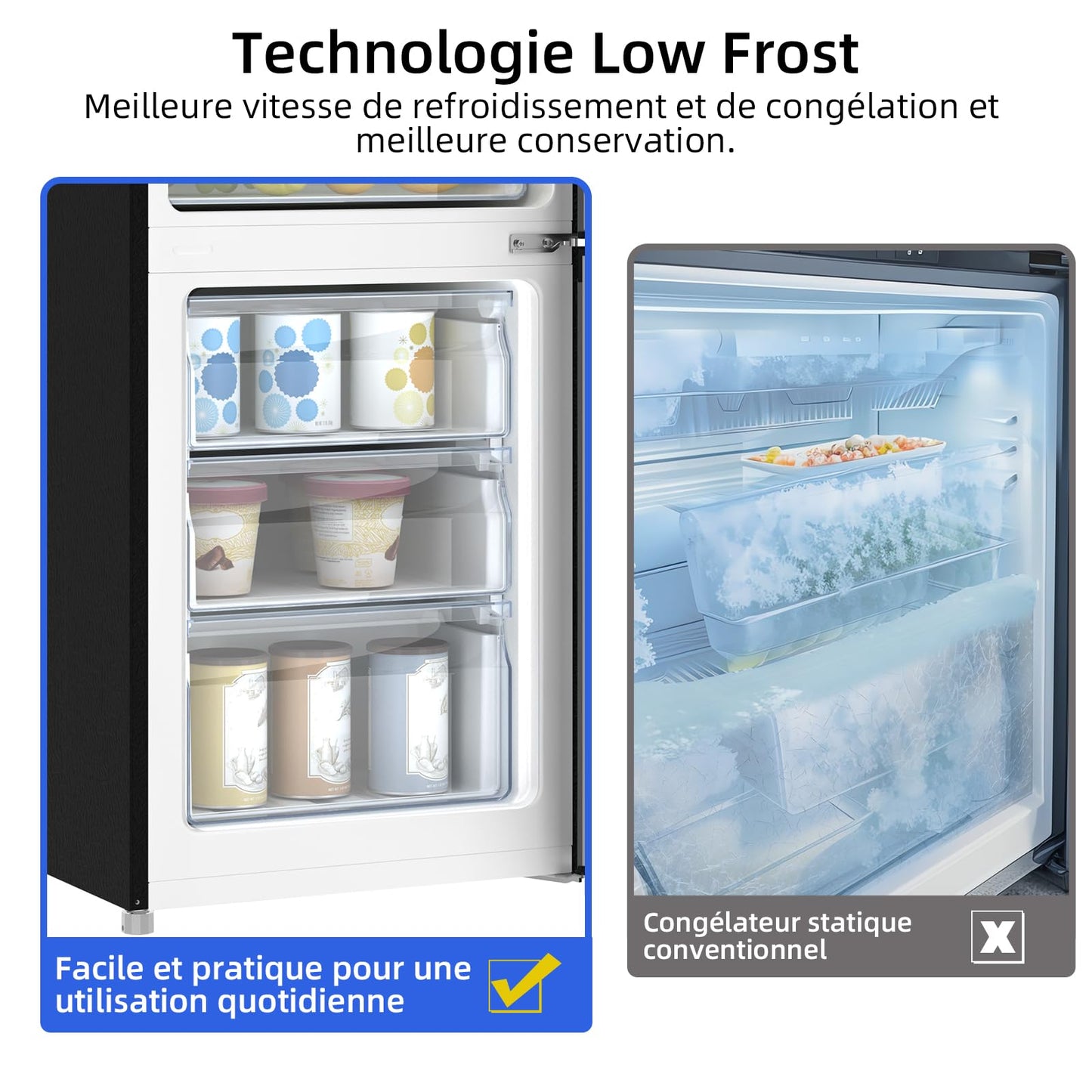 CHIQ Réfrigérateur congélateur bas FBM260L 262L (187+75), Low frost, Acier inoxydable, Portes réversibles, 39 db, 12 ans de garantie sur le compresseu
