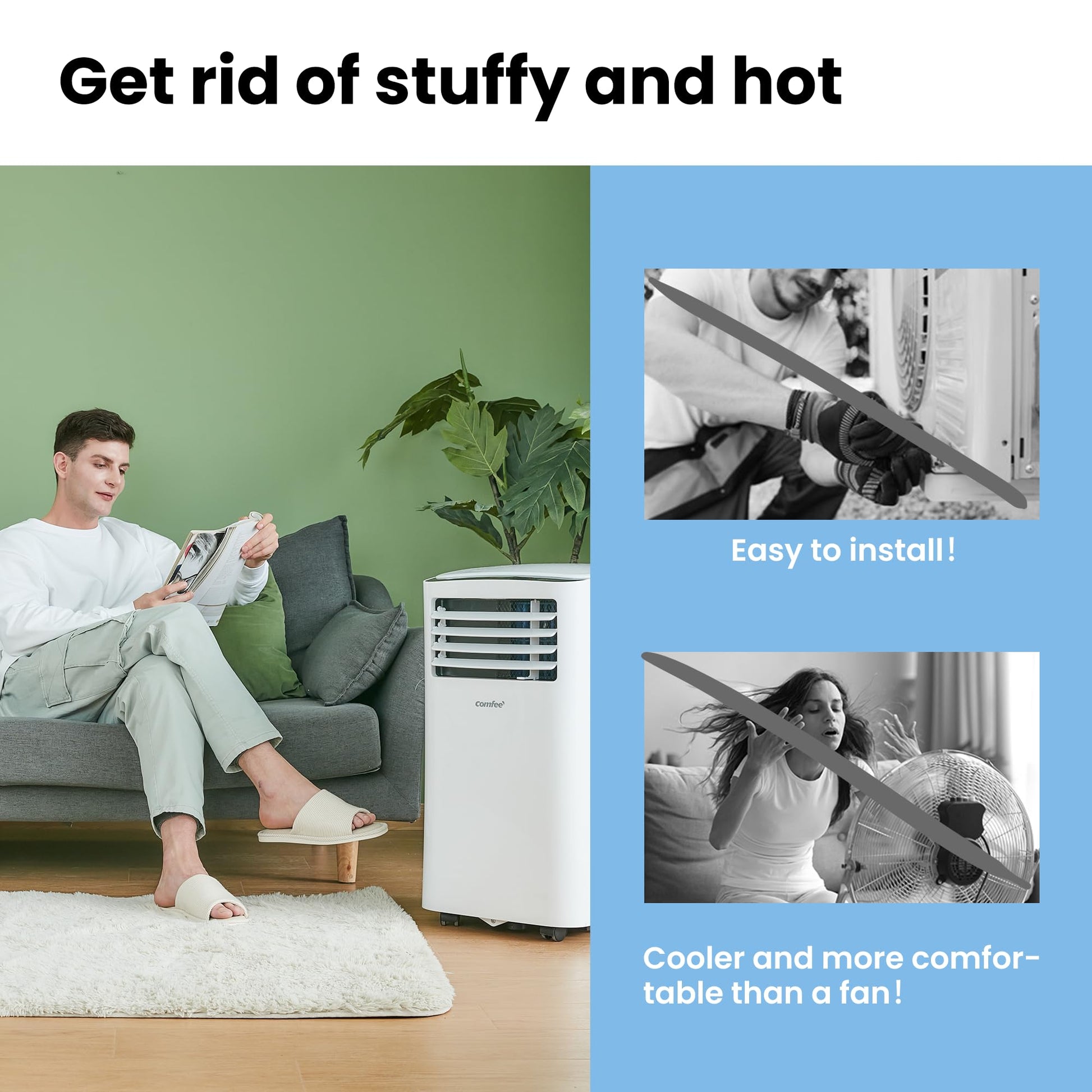 COMFEE' Climatiseur Mobile 9000 BTU/h 2,6kW, 3-EN-1 Refroidisseur Déshumidificateur Ventilateur, Fonction Follow me, Minuterie, Mode nuit, Pour salon et maison de 33㎡/88m³, MPPH-09CRN7, R290