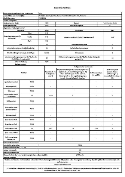 Beko TSE1284N Réfrigérateur table top - Volume total 114L : 101L (Réfrigération) + 13L (Congélation), Compartiment congélation 4 étoiles, MinFrost, Charnière de porte réversible, blanc