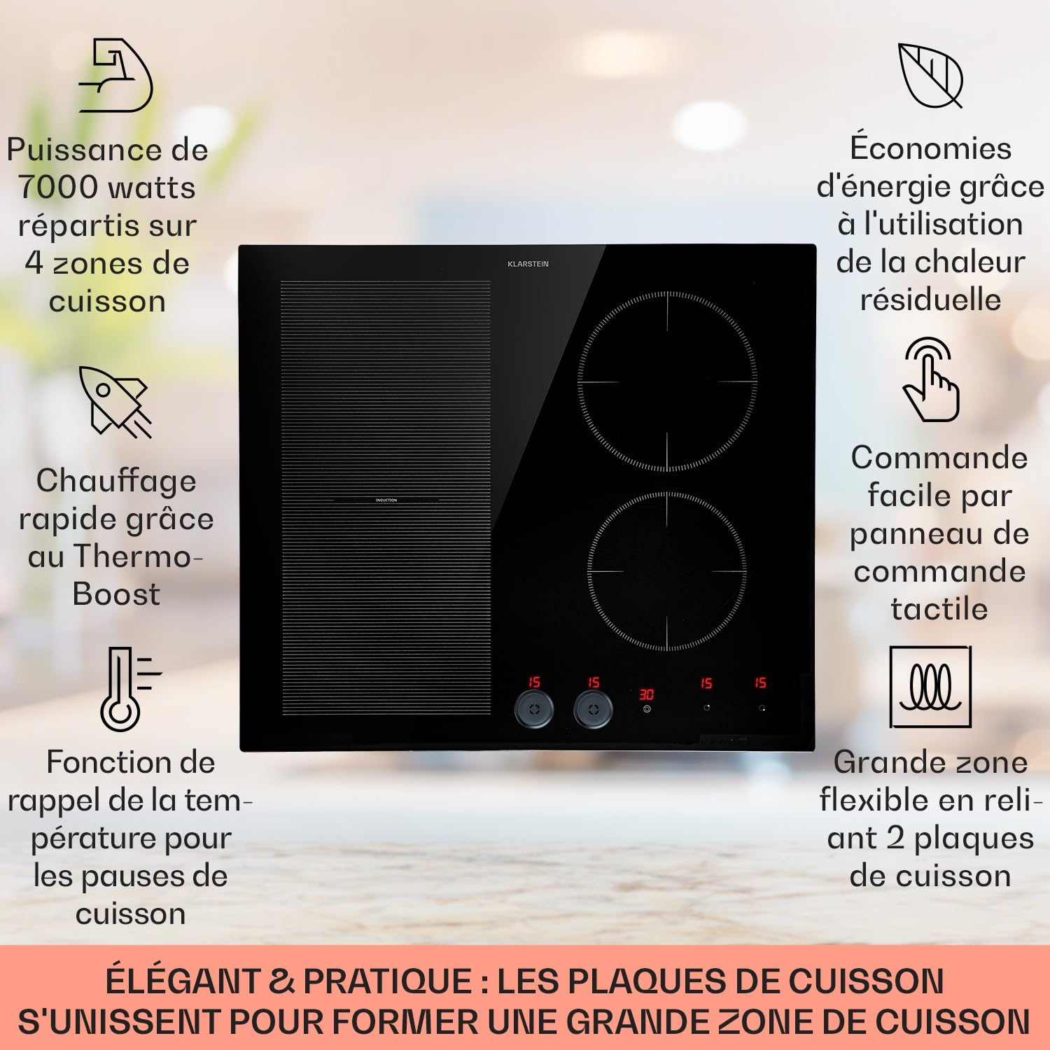 KLARSTEIN Plaque Induction en Céramique de 7000W, Plaque de Cuisson Electrique à Induction, Plaque Induction 4 Feux, Tables de Cuisson, Plaques chauffantes ThermoBoost, Rechaud Electrique Cuisine