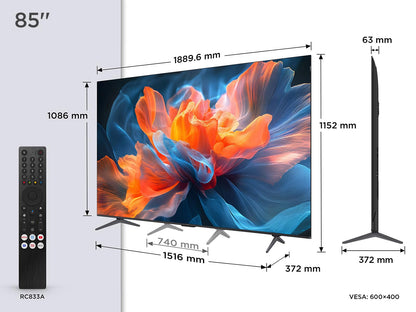 TCL 85T8C 85" QLED 4K HDR Ultra HD TV, Smart TV Powered by Google TV (Dolby Vision & Atmos, 144Hz Motion Clarity Pro, FreeSync, Onkyo 2.1 Sound, Voice Control)