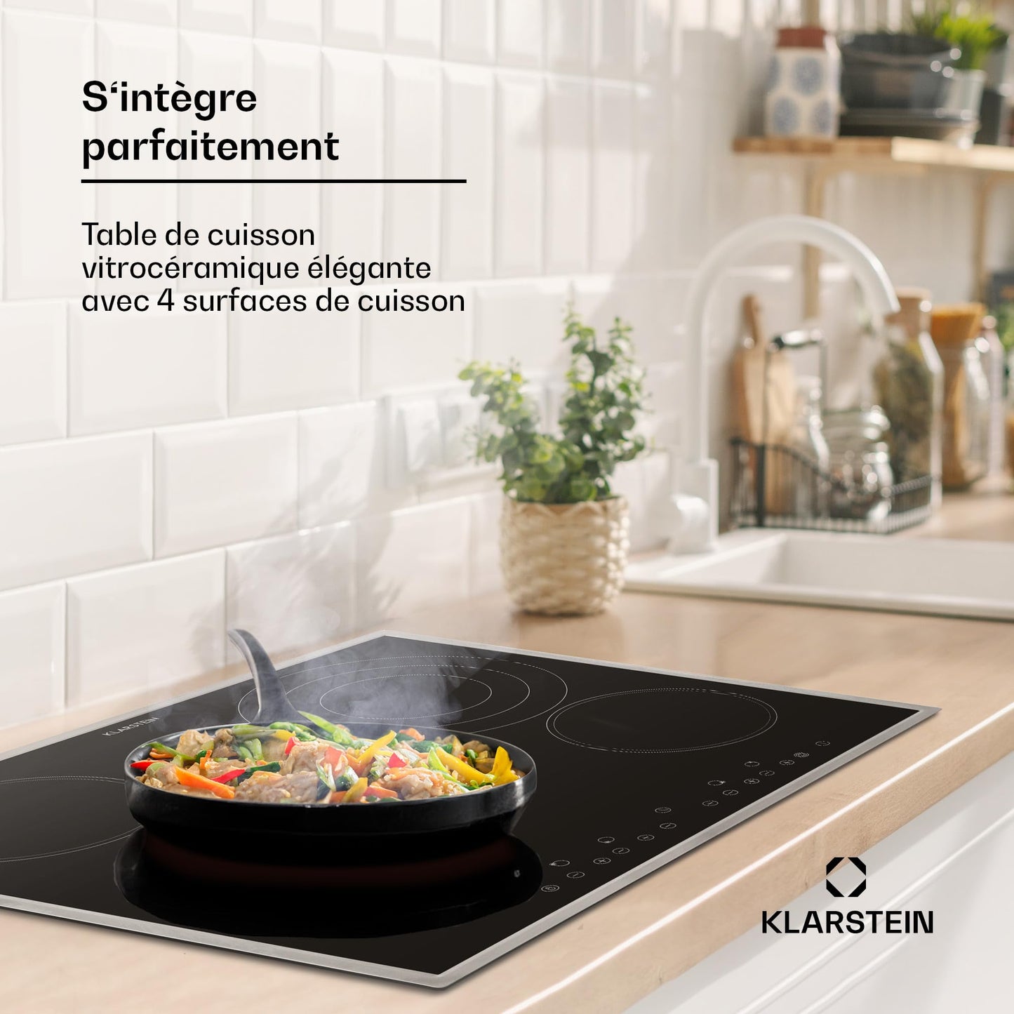Klarstein Plaque Vitrocéramique Encastrable 6500W, Table de Cuisson Induction 4 Feux, Contrôle Tactile, Table de Cuisson Électrique 4 Foyers